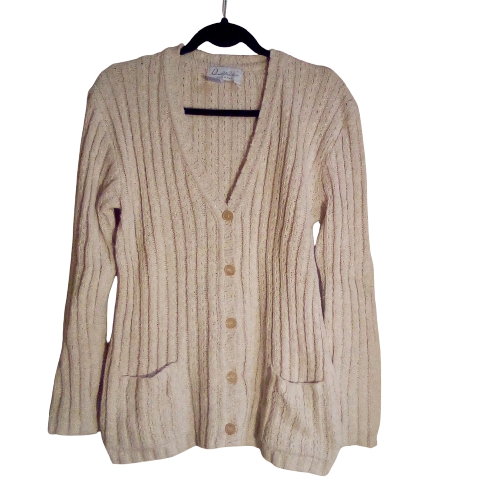Vintage Daniel & Rebecca Cardigan Large From Italy Cotton Blend Cable Knit Beige